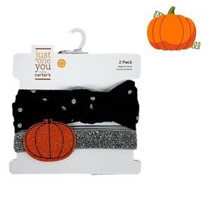 Carters Baby Girl Headbands 2 Pack Black Silver Pumpkin Glitter Bow Halloween